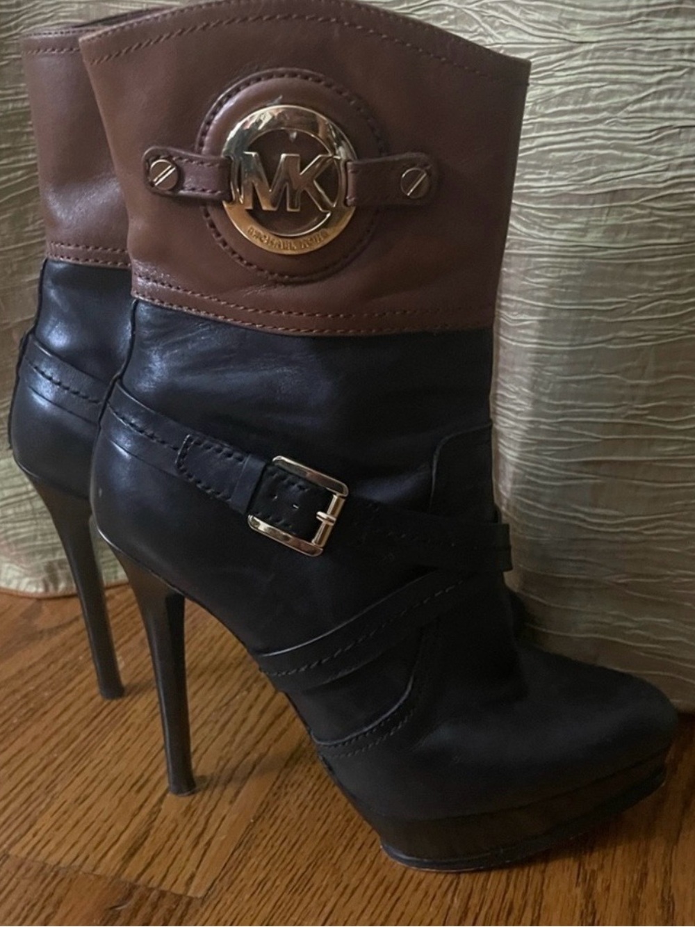 Michael Kors Black and Brown Leather High Heel Ankle Boots